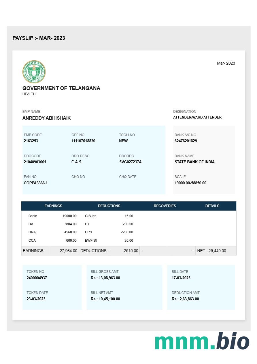 Szablon odcinka wypłaty rządu Telangany w formatach Word i PDF